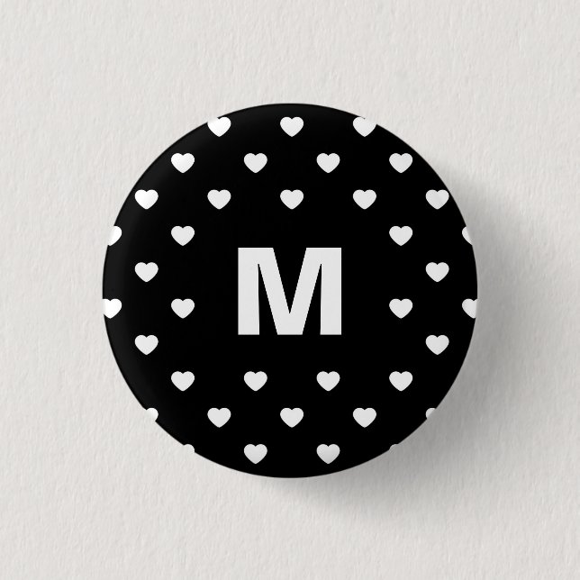 Black and White Hearts Polka Dot Pattern Monogram Button (Front)