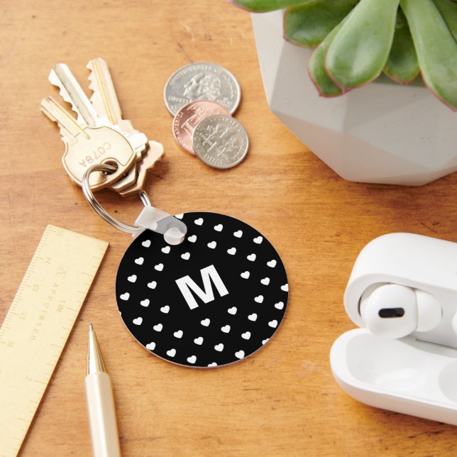 Black and White Hearts Polka Dot Pattern Monogram Keychain (Desk)