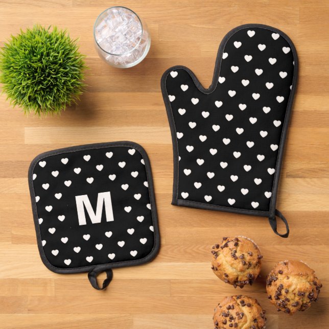 Black and White Hearts Polka Dot Pattern Monogram Oven Mitt & Pot Holder Set (Top Down)