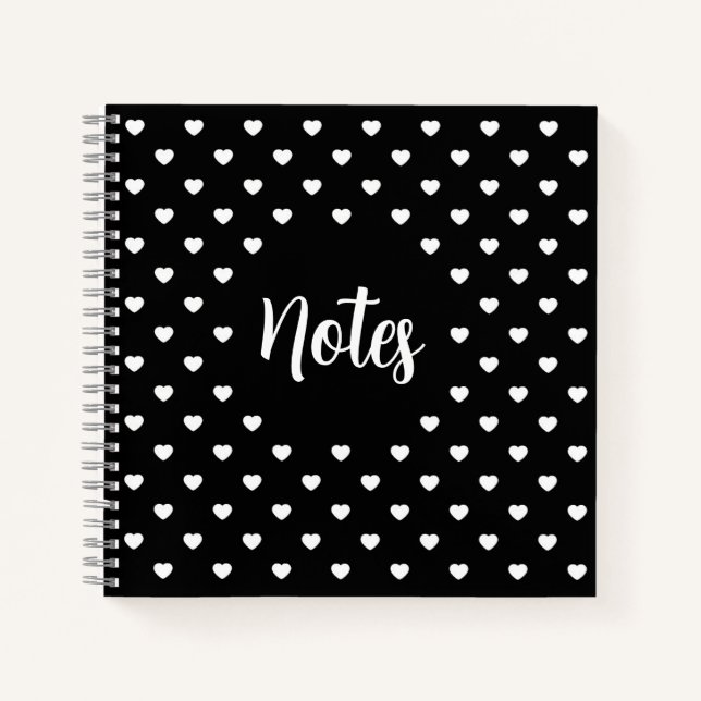 Black and White Hearts Polka Dot Pattern Notes Notebook (Front)