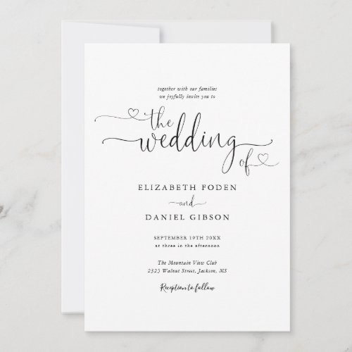 Black And White Hearts Script Calligraphy Wedding Invitation - This elegant black and white wedding invitation can be personalized with your celebration details set in chic typography. Designed by Thisisnotme©