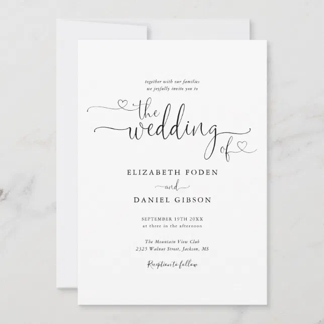 Black And White Hearts Script Calligraphy Wedding Invitation | Zazzle