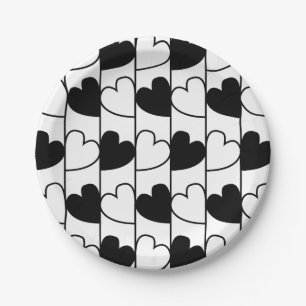 Black and White Hearts Stripes Paper Plates