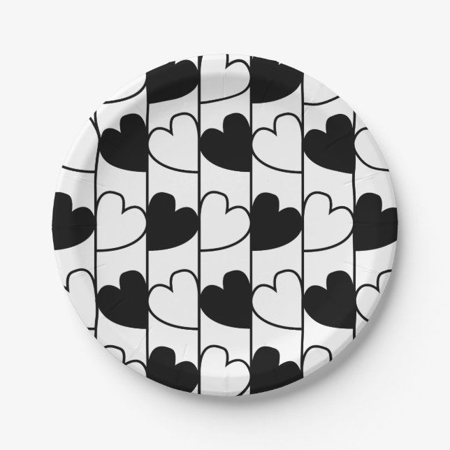 Black and White Hearts Stripes  Paper Plates (Front)