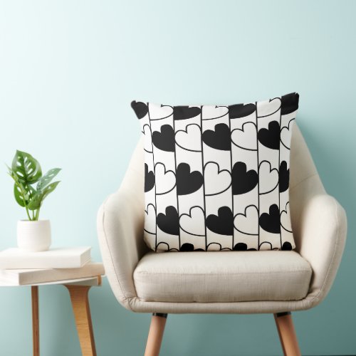 Black and White Hearts Stripes Pattern Throw Pillow