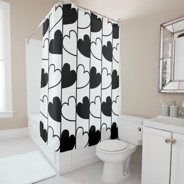 Black and White Hearts Stripes Shower Curtain (In Situ)