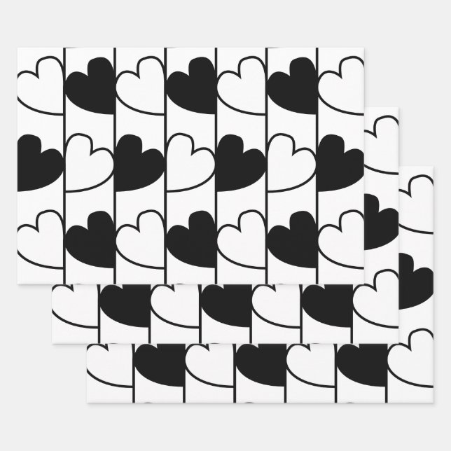 Black and White Hearts Stripes  Wrapping Paper Sheets (Set)