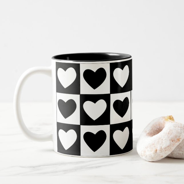 Black and White Hearts Valentines Day Two-Tone Coffee Mug (With Donut)