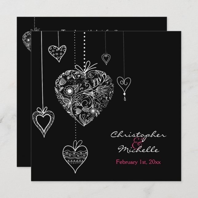Black and White Hearts Wedding Invite with RSVP (Front/Back)