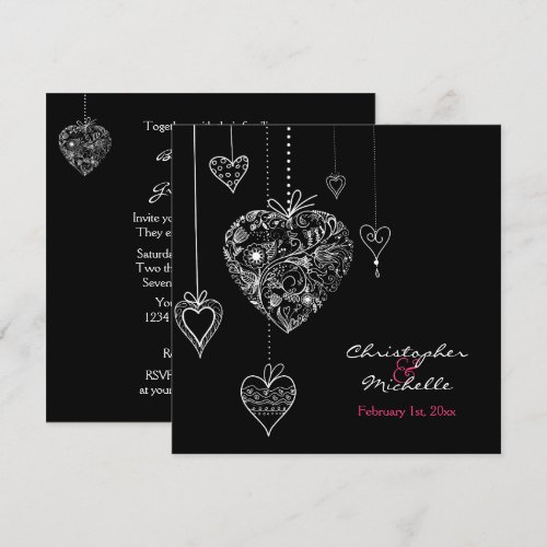 Black and White Hearts Wedding Invite with RSVP