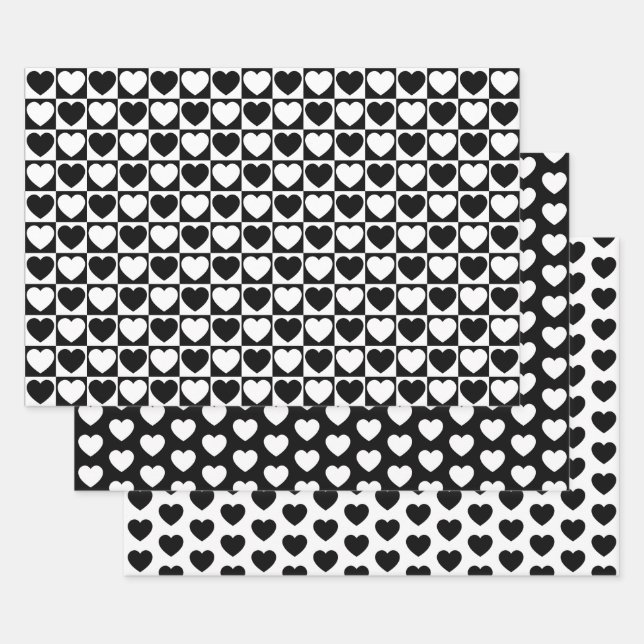 Black and White Hearts Wrapping Paper Sheets (Set)