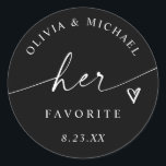 Black and White Her Favorite Wedding Treat Bag Classic Round Sticker<br><div class="desc">Elegant and modern,  these black “Her Favorite” stickers feature stylish white script and a sweet heart accent — a timeless way to label the bride’s favorite treats. Perfect for formal weddings and beautifully matched with the “His Favorite” design for his and hers treat bags.</div>