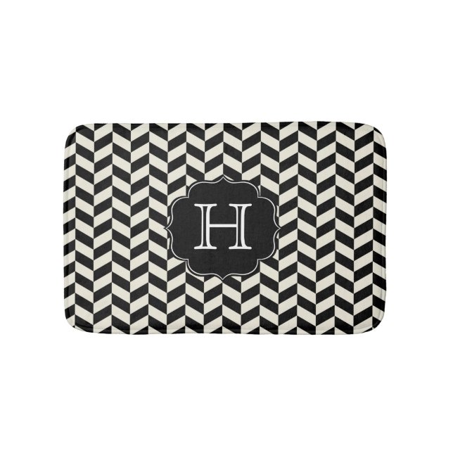 Black and White Herringbone Patter with Monogram Bath Mat (Front)