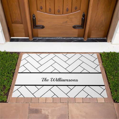 Black and White Herringbone Pattern Personalize Doormat