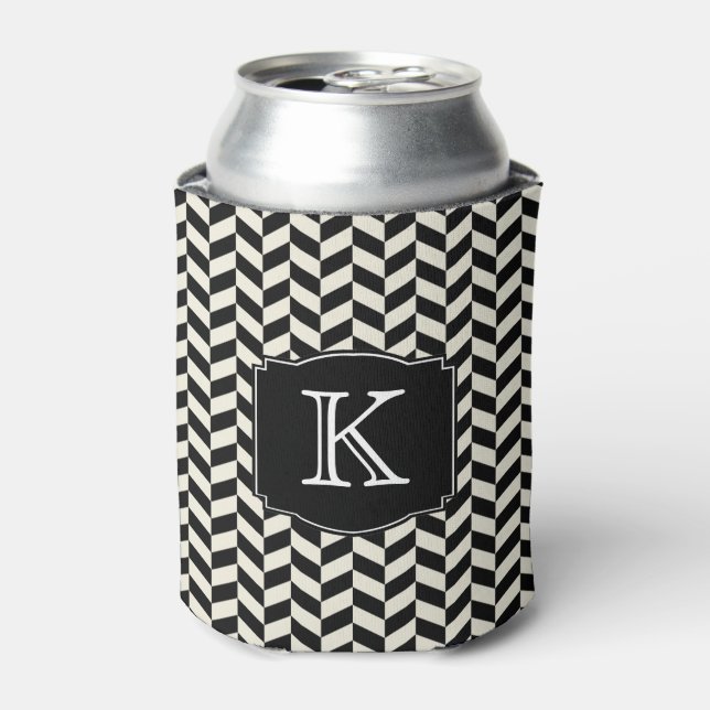 Black and White Herringbone Pattern with Monogram Can Cooler (Can Front)