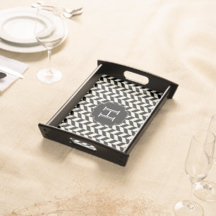 Black and White Herringbone Pattern with Monogram Serving Tray
