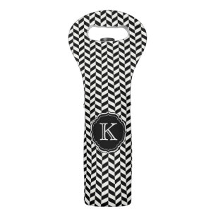 Black and White Herringbone Pattern with Monogram Wine Bag
