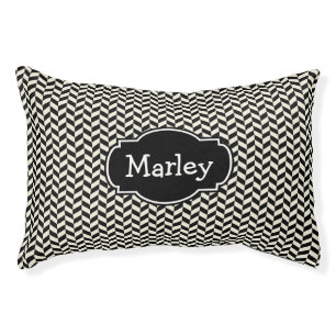 Black and White Herringbone Pattern with Pet Name Pet Bed