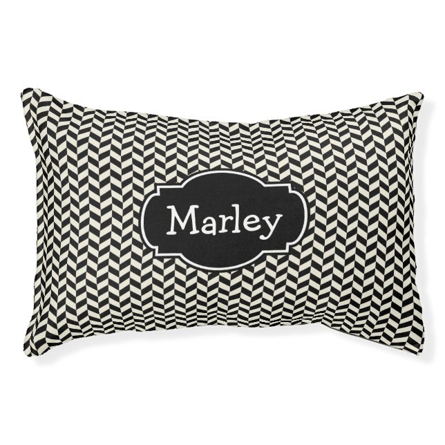 Black and White Herringbone Pattern with Pet Name Pet Bed (Front)