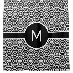 Black and White Hexagons with Monogram Geometric Shower Curtain