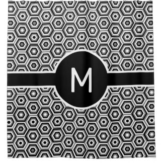 Black and White Hexagons with Monogram Geometric Shower Curtain