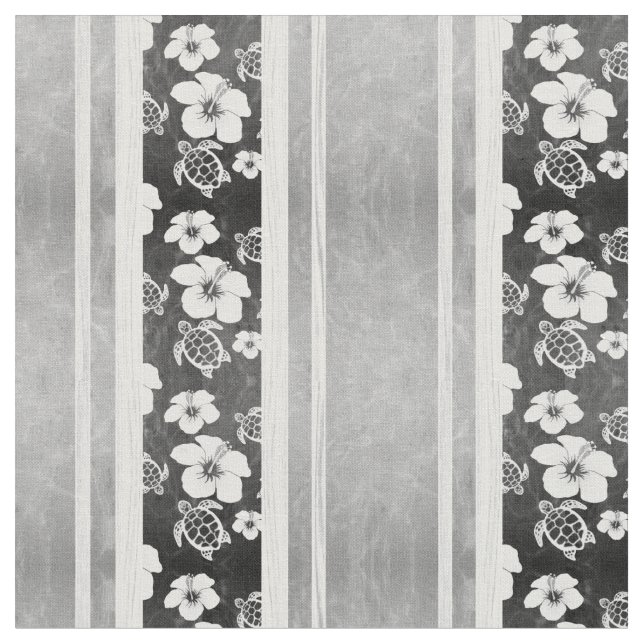 Black And White Hibiscus Hawaiian Honu Fabric (Close Up)