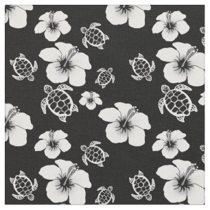 Black And White Hibiscus Honu Hawaiian Fabric