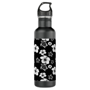 Black And White Hibiscus Honu Hawaiian Pattern Water Bottle