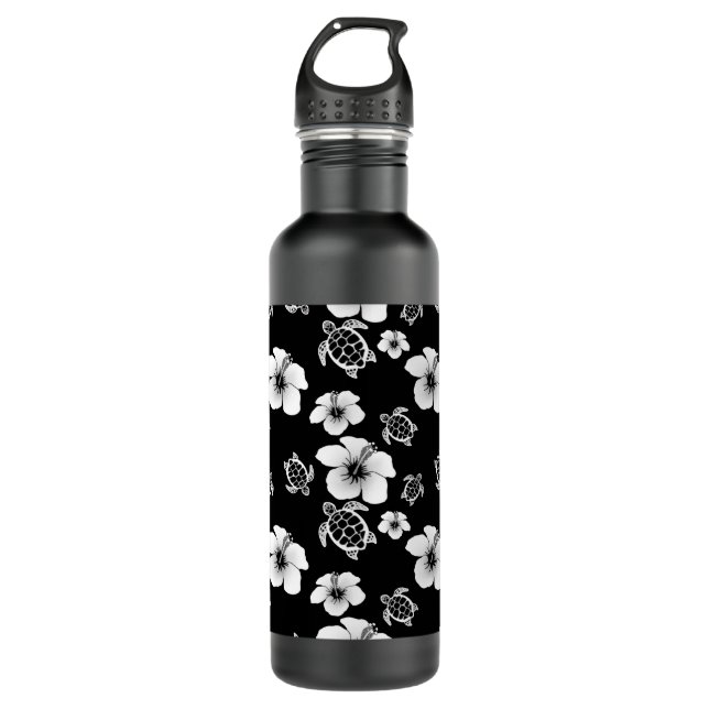 Black And White Hibiscus Honu Hawaiian Pattern Water Bottle (Front)