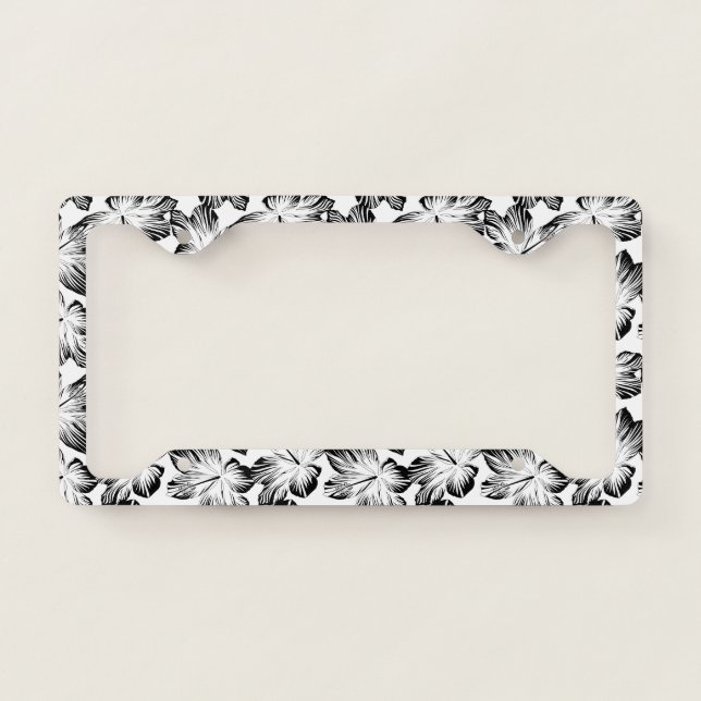 Black and white hibiscus license plate frame (Front)