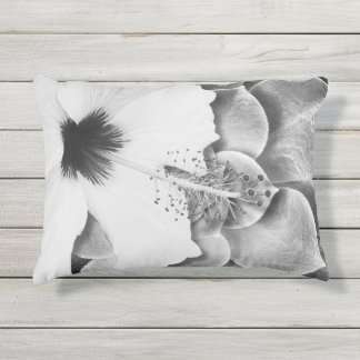 Black and White Hibiscus Outdoor Pillow