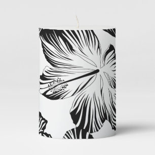 Black and white hibiscus pillar candle