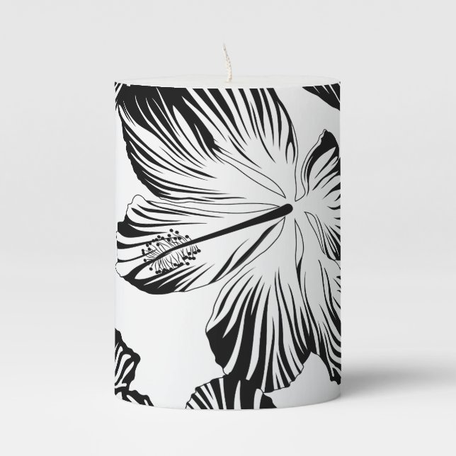 Black and white hibiscus pillar candle (Front)