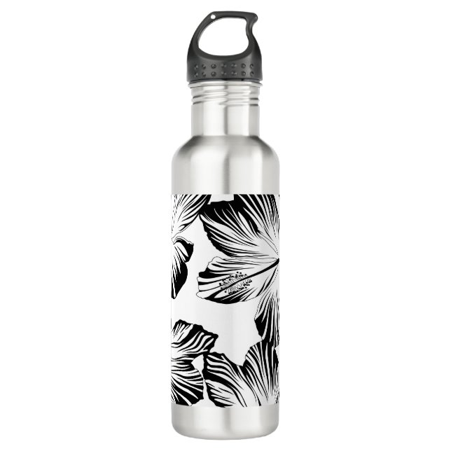 Black and white hibiscus water bottle (Front)