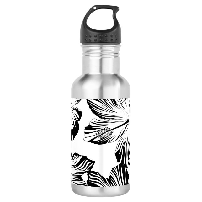 Black and white hibiscus water bottle (Front)