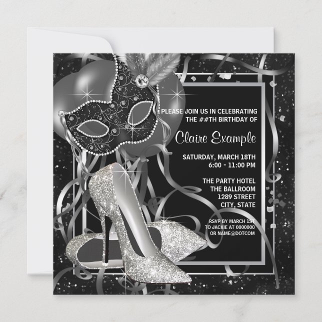 Black and White High Heels Birthday Party Invitation (Front)