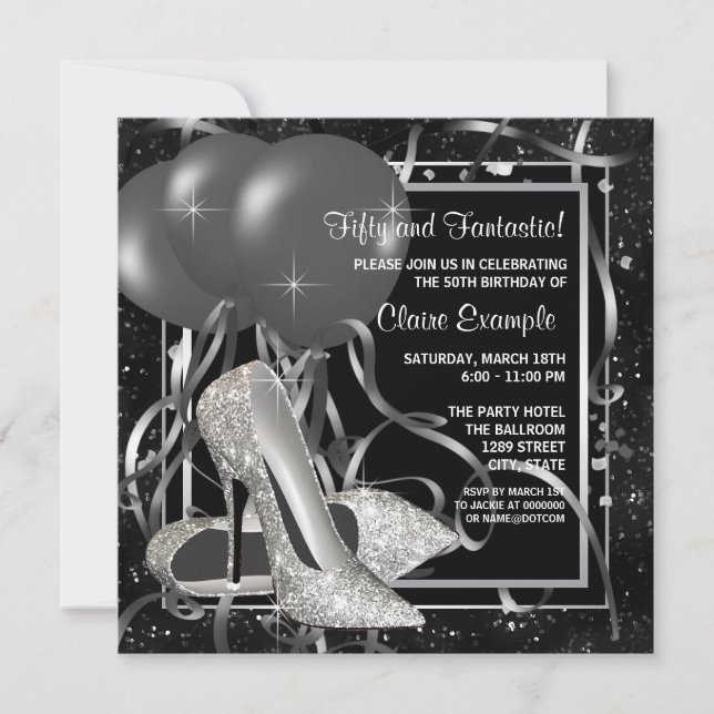Black and White High Heels Womans Birthday Party Invitation (Front)