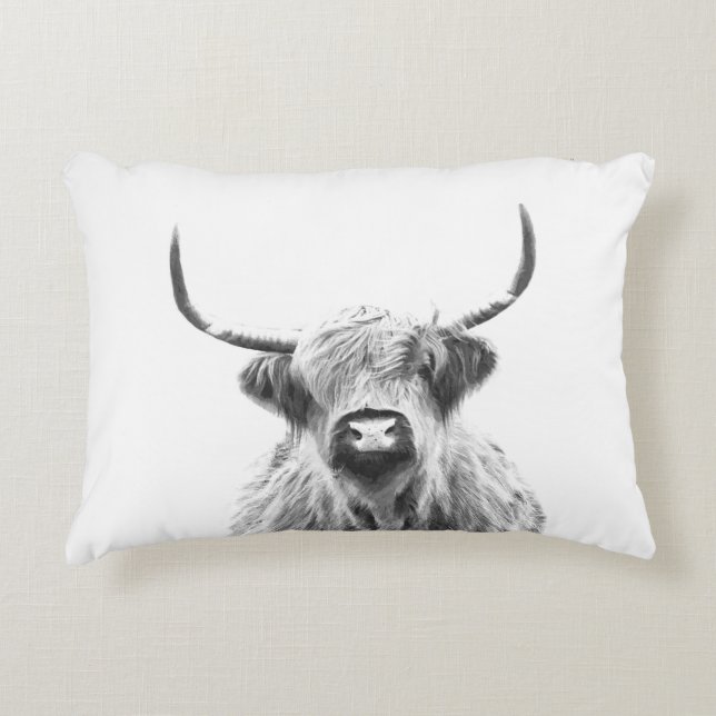 Black and white highland cow animal portrait accent pillow (Front)