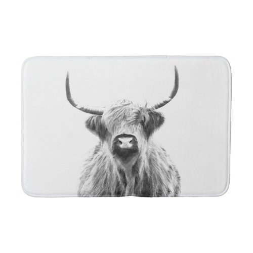 Black and white highland cow animal portrait bath mat