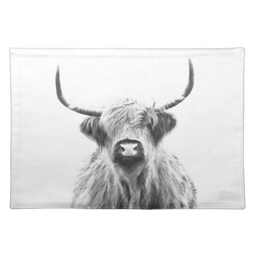 Black and white highland cow animal portrait cloth placemat