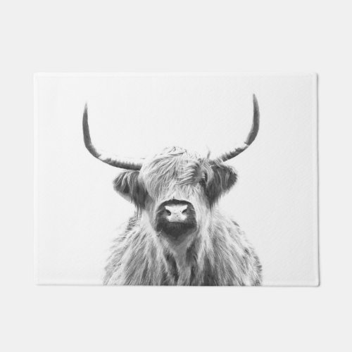 Black and white highland cow animal portrait doormat