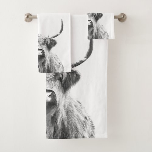 Black and White Highland Cow Bath Towel Set