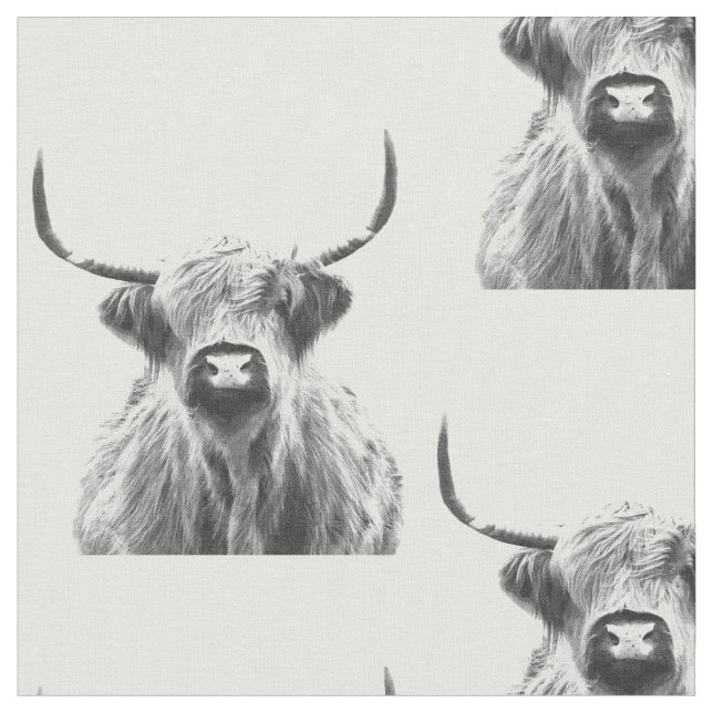 Black and White Highland Cow Fabric (Close Up)