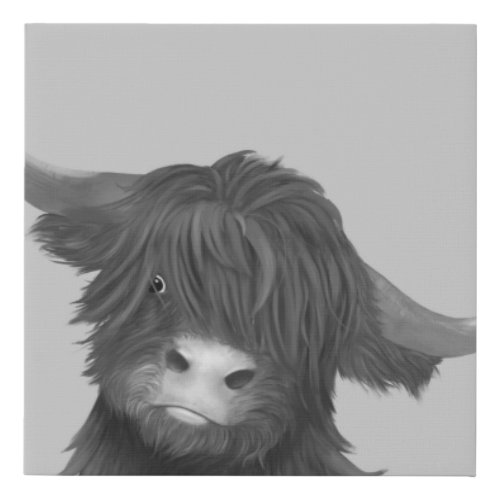 Black and White Highland Cow Illustration  Faux Canvas Print