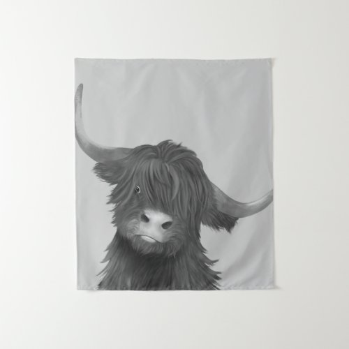 Black and White Highland Cow Illustration  Tapestry