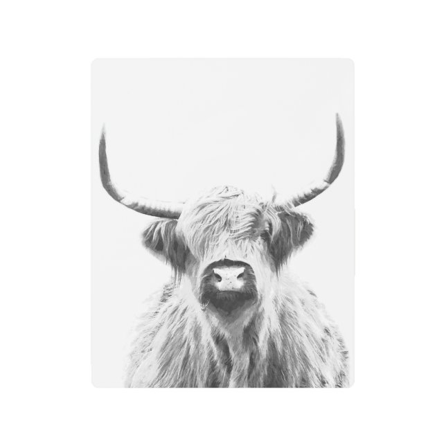 Black and White Highland Cow Metal Print (Front)