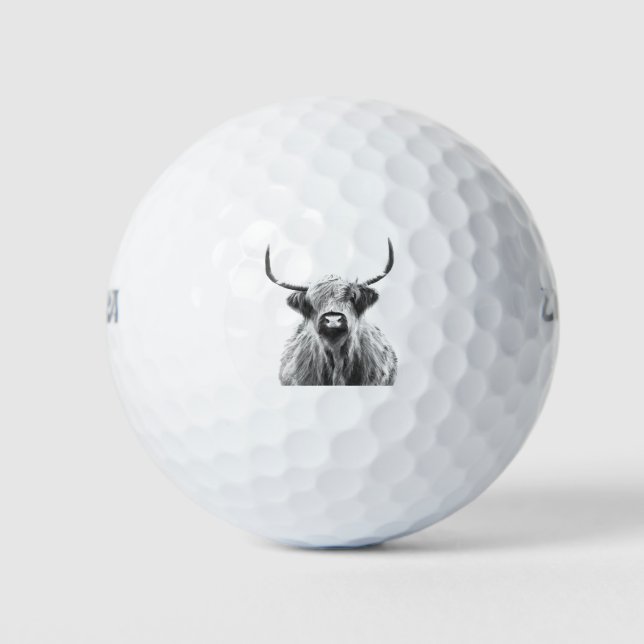 Black and White Highland Cow Portrait Golf Balls (Front)