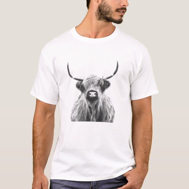 Black and White Highland Cow Portrait T-Shirt (Front)