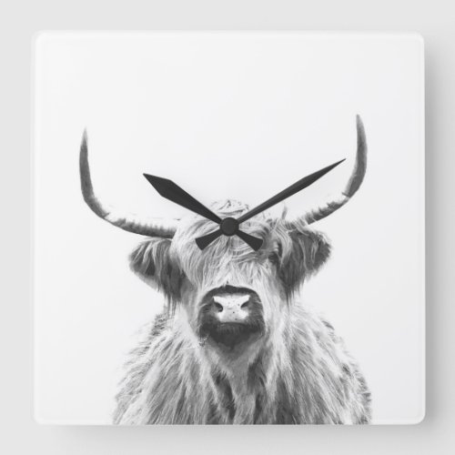 Black and white highland cow square wall clock