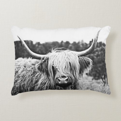 Black and White Highland Longhorn Cow Accent Pillow